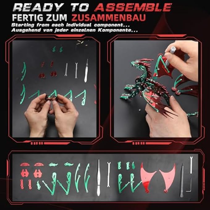 3D PUZZLES FOR ADULTS, METAL DINOSAUR PUZZLE BUILDING SET, COLLECTIBLE MECHANICAL ENGINEERING CRAFTS FOR HOME OFFICE DECORATION & GIFT (RED-GREEN) - Image 4